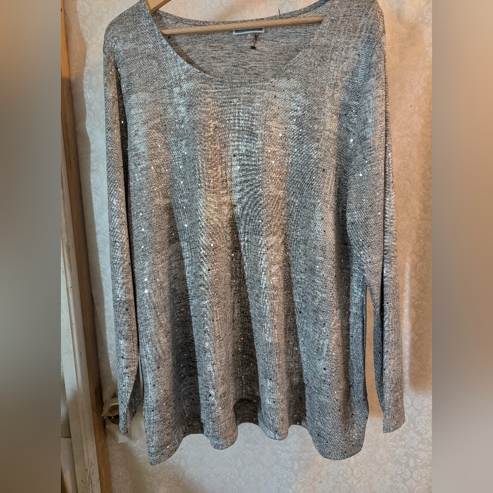 JM Collection XL Silver Gray Sparkle‎ Top Long Sleeve.